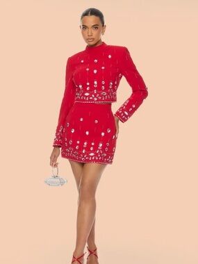 Red Rhinestone Embellished Skirt Set
